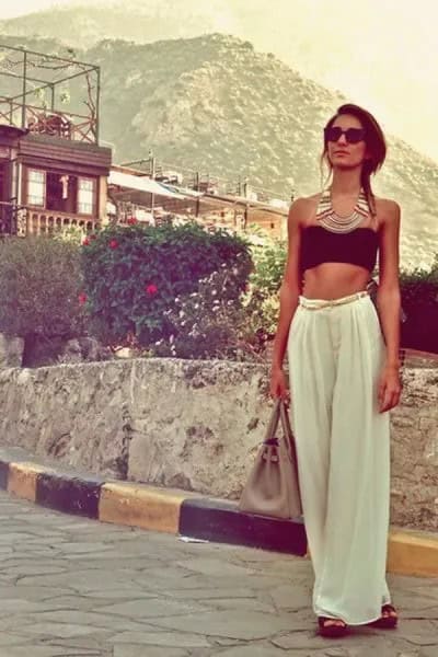 Black Cropped Tube Top with White Wide Leg Pants