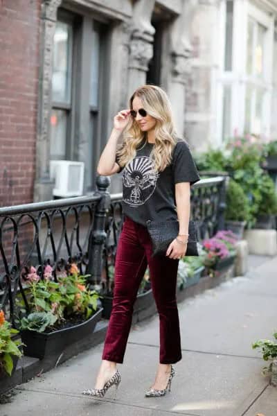 Black Graphic Tee with Burgundy Cropped Velvet Pants