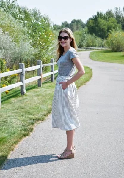 Grey Short Sleeve Tee with Vertical Striped Midi Flared Skirt