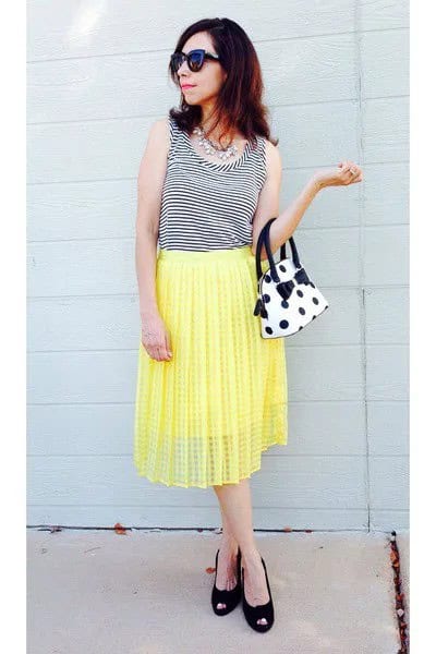 White and Black Polka Dot Purse with Striped Vest Top & Yellow Pleated Skirt