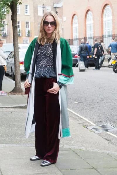 Grey Wide Sleeve Jacket with Polka Dot Blouse & Black Wide Leg Velvet Pants