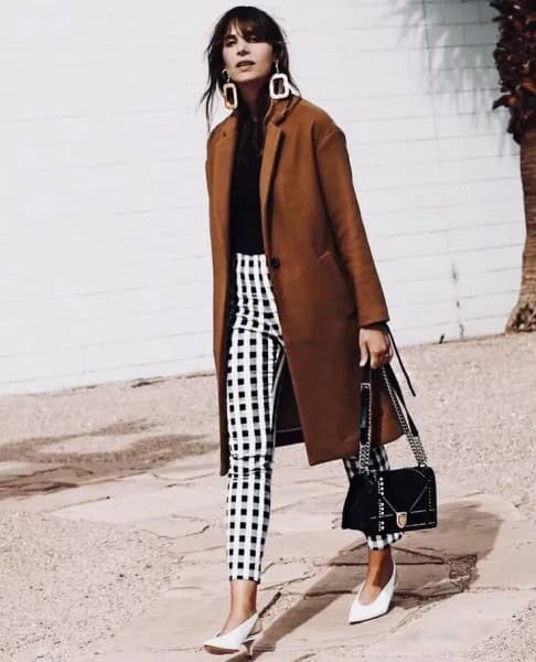 Green Longline Blazer with Black and White Plaid Pants