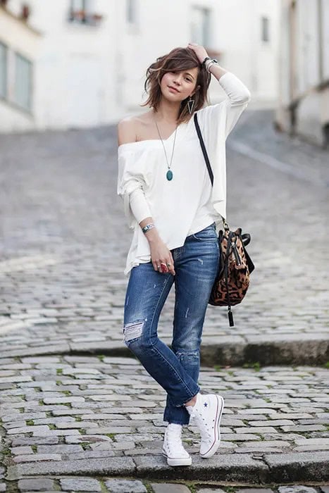 White High Top Converse with One Shoulder Blouse