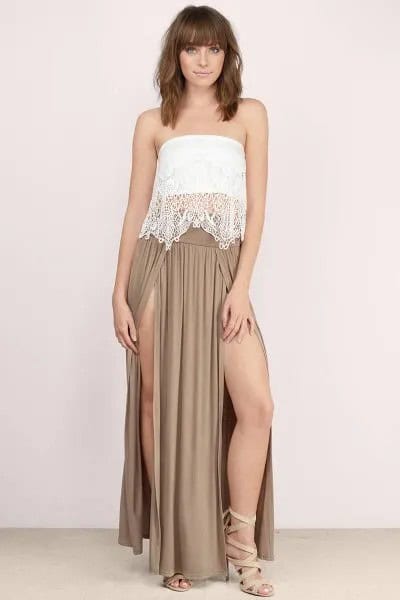 White Lace Tube Top with Crepe Double Slit Maxi Dress