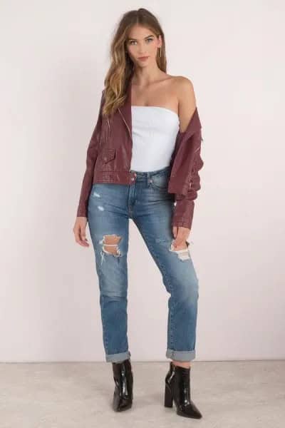 Green Bomber Jacket with Tube Top & Ripped Cuffed Jeans