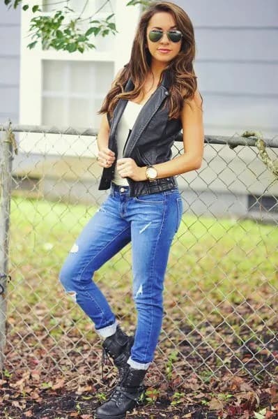 Black Leather Vest with White Tank Top