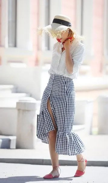 White and Black Polka Dot Shirt with Plaid Ruffle Maxi Skirt