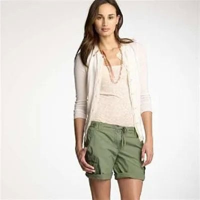 White Cardigan with Green Khaki Cargo Cuffed Shorts