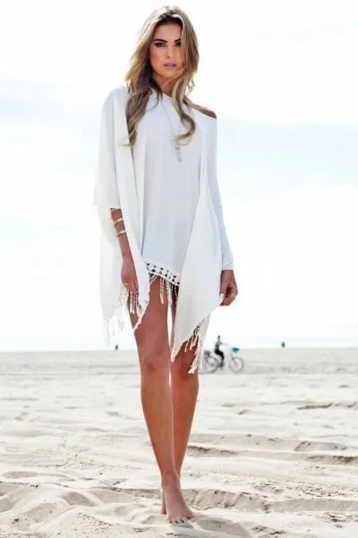 White One Shoulder Mini Cape Beach Dress