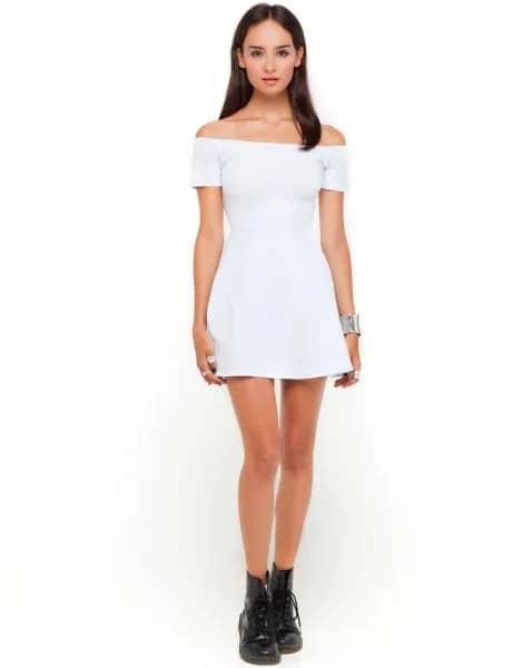 White Skater Dress with Black Leather Ankle Boots