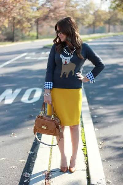 Grey Christmas Graphic Sweater with Checker Shirt & Yellow Skirt