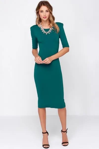 Teal Half Sleeve Sheath Midi Dress