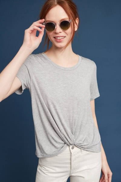 Grey Twist Front T Shirt with White Jeans