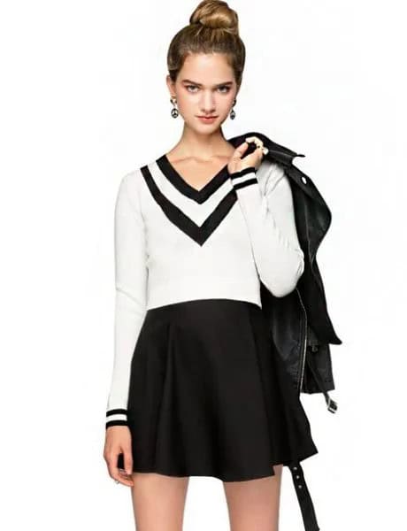 White and Black V Neck Sweater with High Waisted Mini Skater Skirt