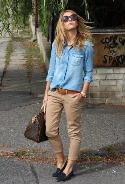 Light Blue Chambray Button Up Shirt with Green Khaki Pants