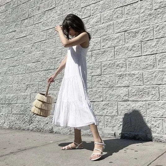 Chiffon Maxi Swing Chiffon Dress with White Lace Up Sandals