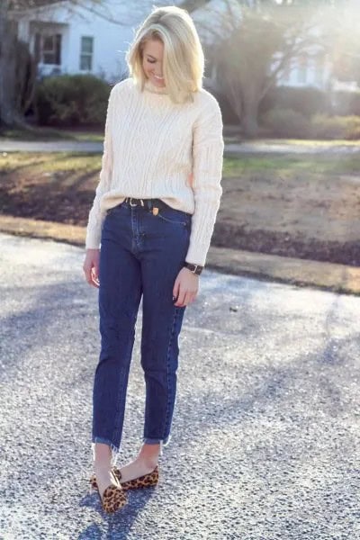 White Cable Knit Chunky Sweater with Mom Jeans