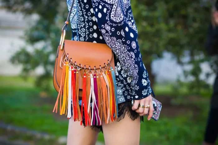 Navy Blue Long Sleeve Tribal Printed Mini Shift Dress with Brown Leather Fringe Purse