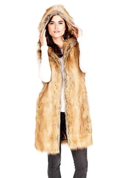 Faux Fur Longline Hooded Gold Vest with Black Slim Fit Jeans