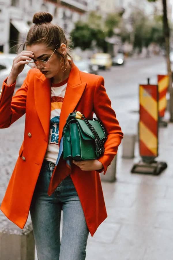 Orange Oversized Double Breasted Blazer with Print Tee & Grey Jeans