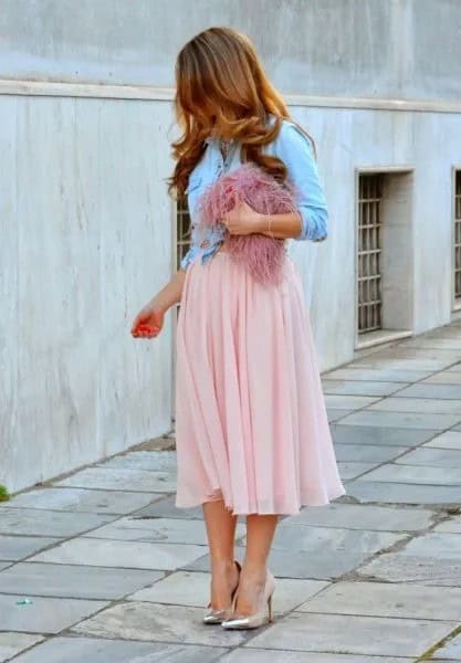 Light Blue Denim Jacket with Pale Pink Midi Chiffon Midi Skirt