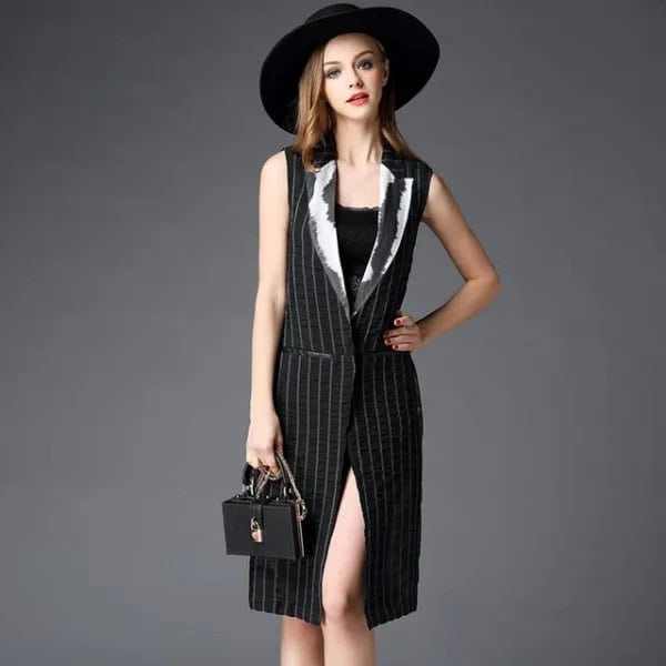 Black and White Striped Belted Knee Length Vest Dress with Felt Hat