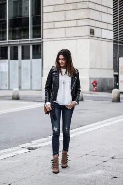 Black Leather Jacket with White Chiffon Blouse & Grey Skinny Jeans