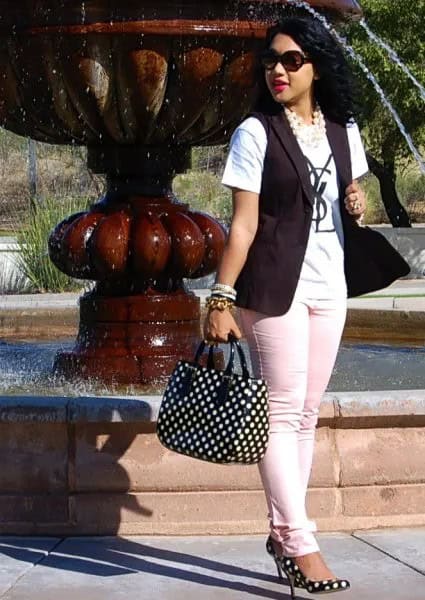 Black and White Polka Dot Purse with Print Tee & Vest