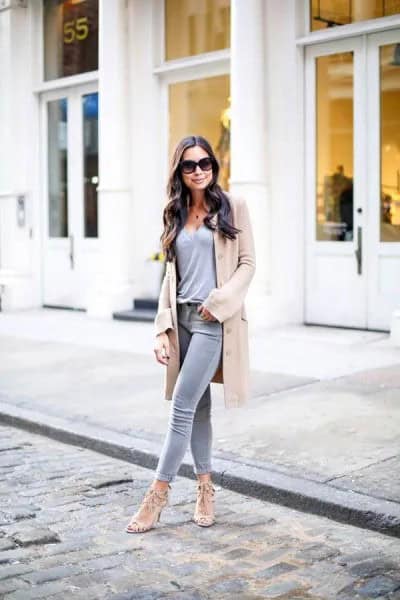 Pale Pink Longline Wool Coat with Skinny Jeans & Strappy Open Toe Heels