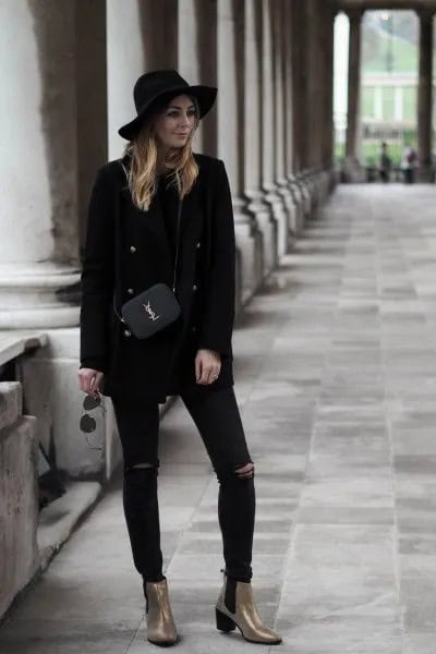 All-Black Outfit with Gold Ankle Boots