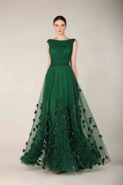 Dark Green Embroidered Chiffon Evening Gown Dress