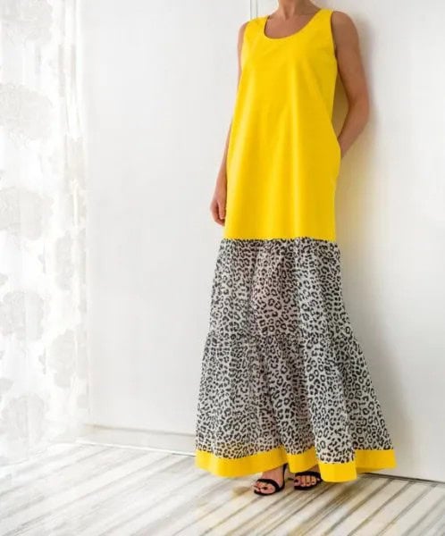 Yellow and Leopard Print Color Block Maxi Tank Dress