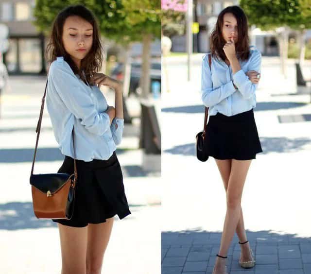 Light Blue Button Up Chiffon Blouse with Black Flowy Mini Shorts