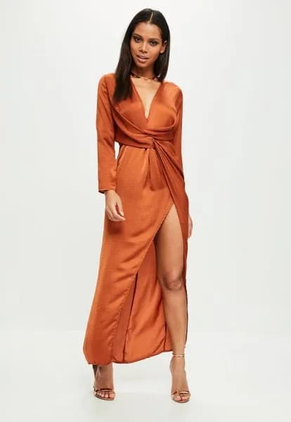 Long Sleeve Deep V Neck Orange Wrap Dress