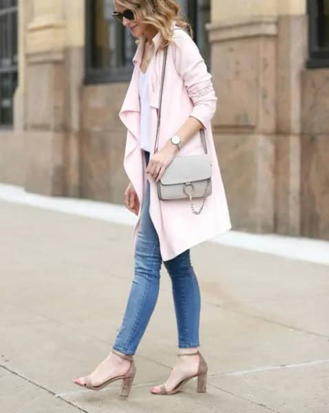 White Longline Blazer with Blue Skinny Jeans & Strappy Heels