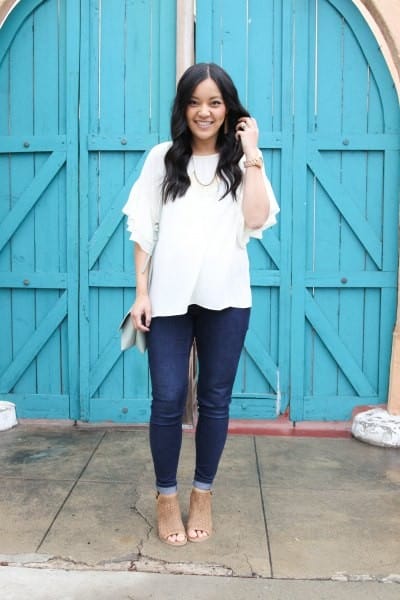 White Half Sleeve Blouse with Dark Jeans & Open Toe Boots