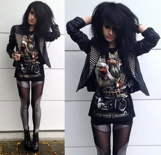 Leather Jacket with Graphic Tunic Tee & Silver Leggings