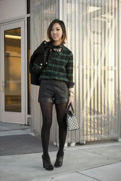 Plaid Shirt with Black Mini Shorts & Leggings