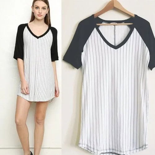 White and Black Striped V Neck Baseball Style Shirt Dress