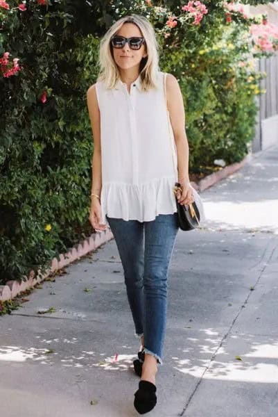 White Sleeveless Ruffle Hem Blouse with Cropped Skinny Jeans