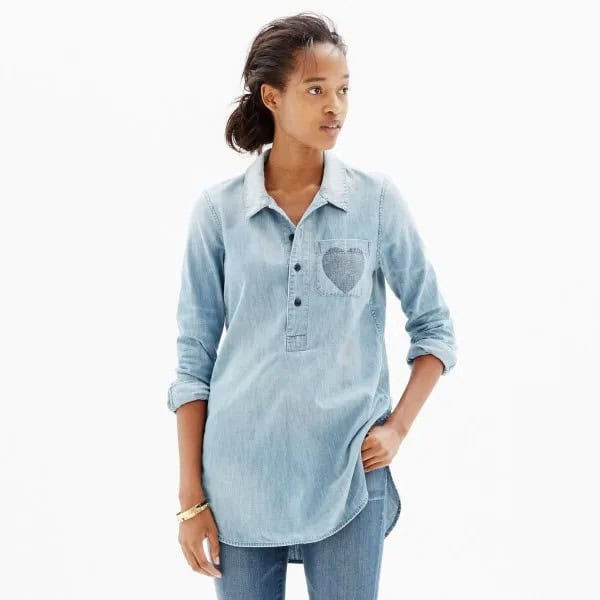 Long Chambray Popover Shirt with Washed Blue Jeans