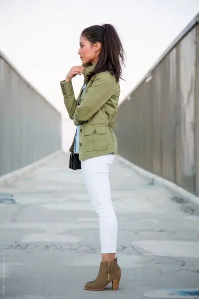 Blush Pink Military Jacket with White Ankle Skinny Jeans & Camel Boots