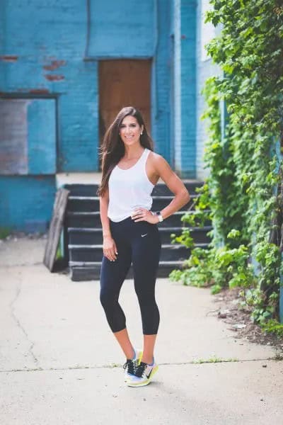 White Tank Top with Black Cropped Running Leggings