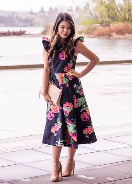 Purple Ruffle Shoulder Floral Print Fit and Flare Midi Dress