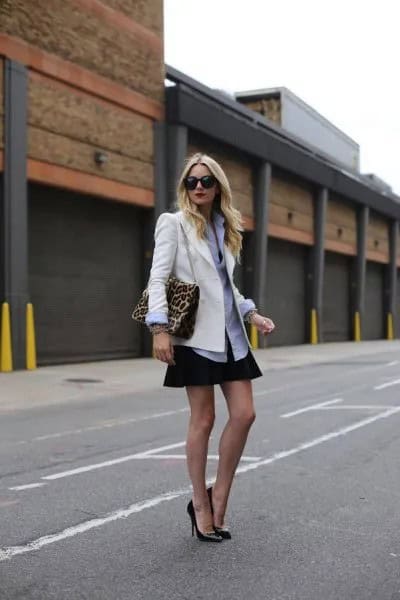 White Blazer with Denim Shirt & Flare Skirt