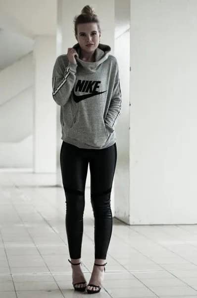 Grey Pullover Hoodie with Black Skinny Jeans & Open Toe Heels