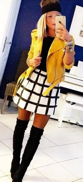 Yellow Leather Jacket with White and Black Plaid Skater Skirt