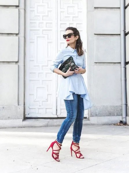 White Button Up Peplum Top with Skinny Jeans