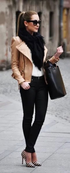 Brown Leather Jacket with White Faux Fur Collar & Black Jeans