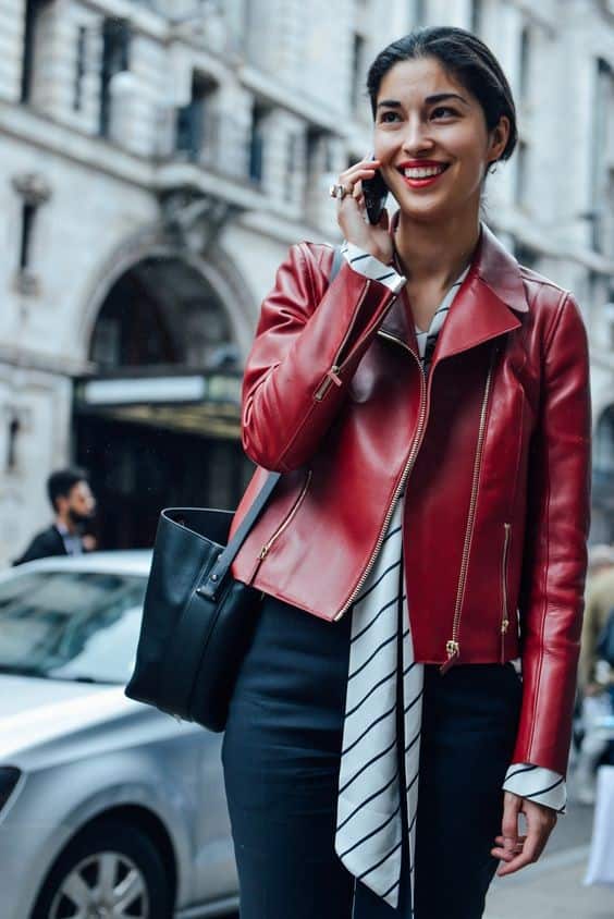 Black & White Shirt + Red Leather Jacket